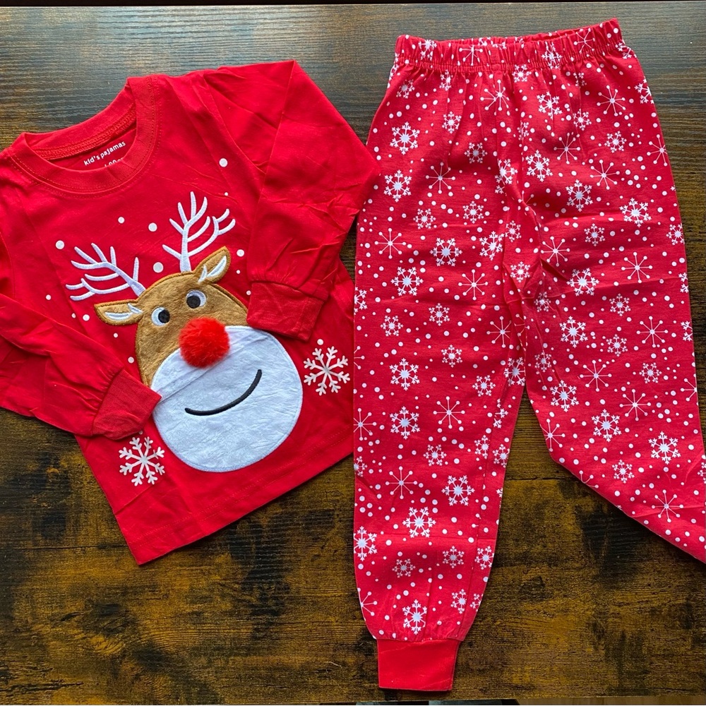NWOT Kids Toddler Christmas Outfit 2T Red Reindeer Matching Pajama Set, unisex
